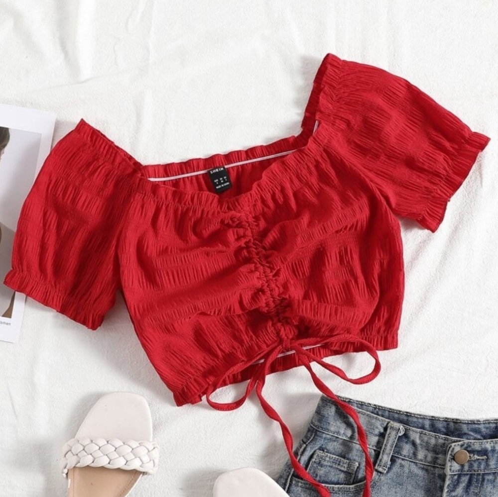 Red Ruched Off-Shoulder Blouse with Draw String Sz Medium